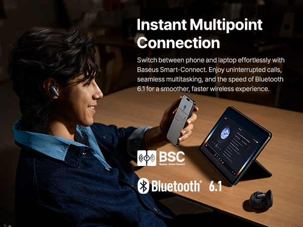 Text reads 'Instant Multipoint Connection' and 'Bluetooth 6.1'. Shows device switching between phone and laptop with seamless connectivity demonstration.