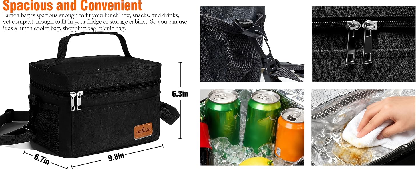 ONFAON insulated lunch bag with durable zippers, detachable strap, easy to clean liner