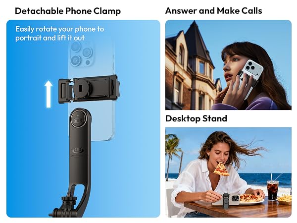 Text reads 'Detachable Phone Clamp', 'Answer and Make Calls', 'Desktop Stand'. Product demonstration showing mobile phone holder usage in various positions and scenarios.