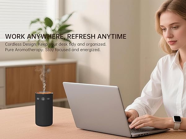 Text reads 'WORK ANYWHERE, REFRESH ANYTIME'. Multiple panels showing remote work setup with laptop, desk, and smart speaker in home office environment.