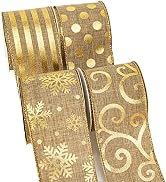 Ribbli 4 Rolls Christmas Wired Ribbon,Burlap Ribbon with Gold Pattern,Christmas Ribbon 2.5 Inch T...