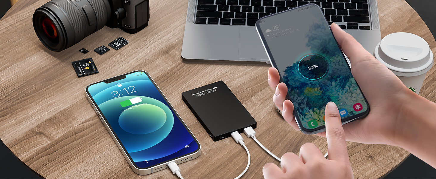 Dual USB Output Super Slim Power Bank Ultra Thin, Attom Tech 3000mAh Portable Charger Mini