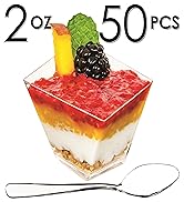 DLux 50 x 2 oz Mini Dessert Cups with Spoons, Asymmetrical - Clear Plastic Parfait Appetizer Cup ...