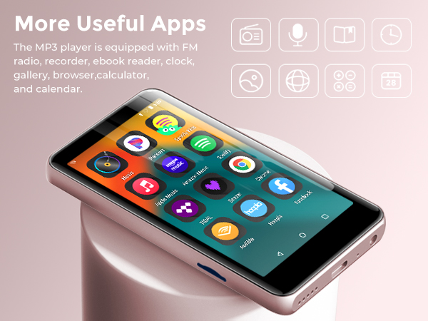 Text reads 'More Useful Apps'. Series of smartphone interface images showing MP3 player with FM radio, recorder, and calculator functionality against pink background.
