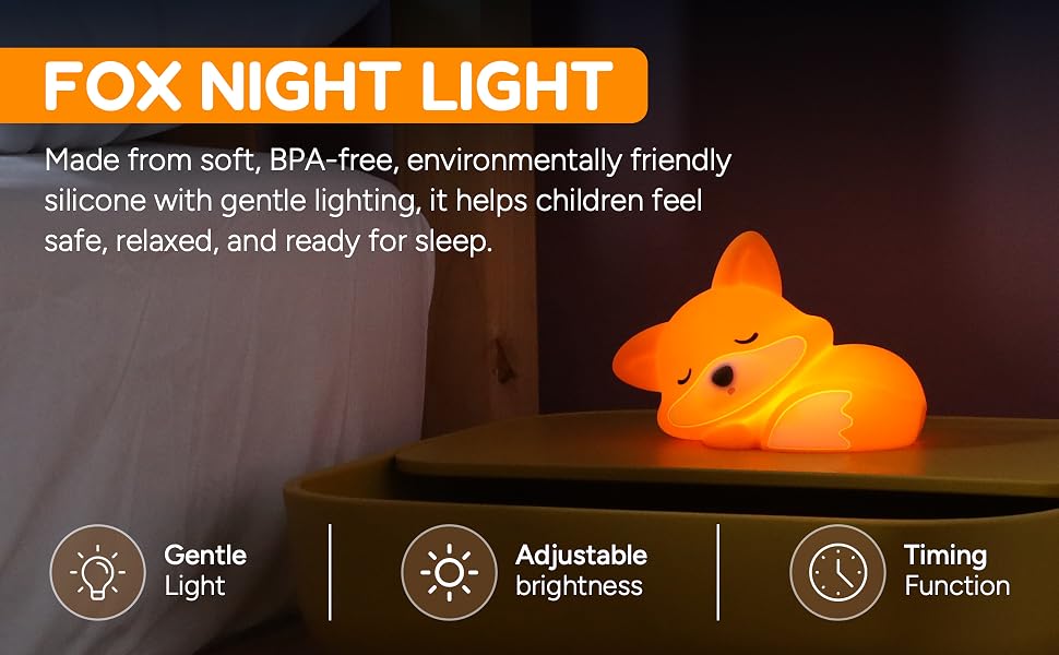 Soft silicone fox night light with warm gentle glow and adjustable brightness on bedside table