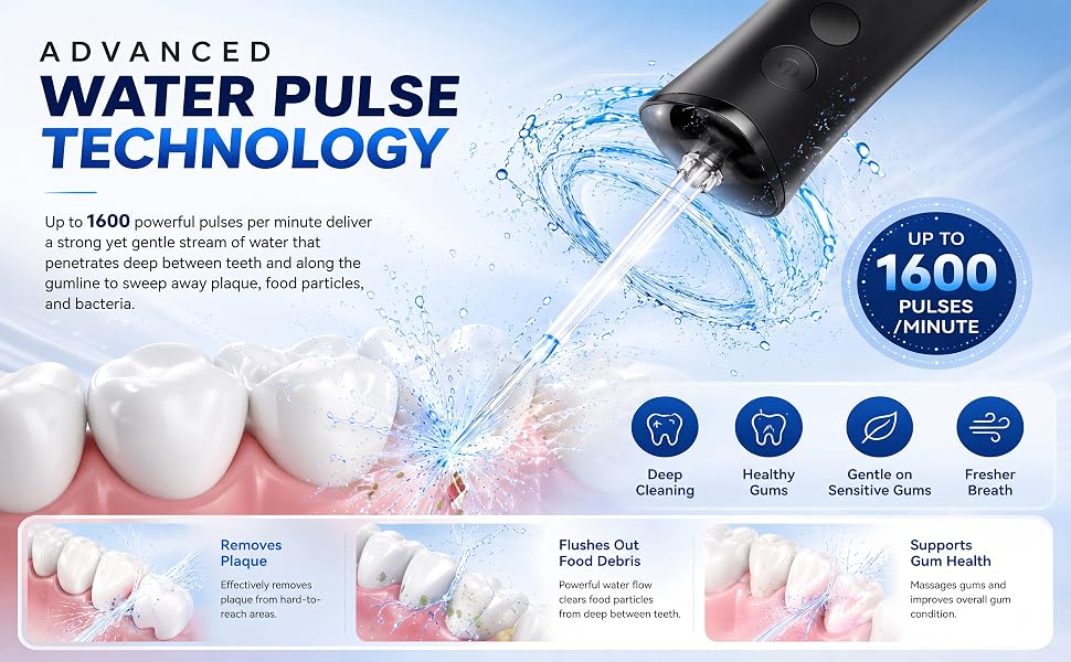 KAMEX cordless water flosser showing 1600 pulses per minute advanced water pulse technology.