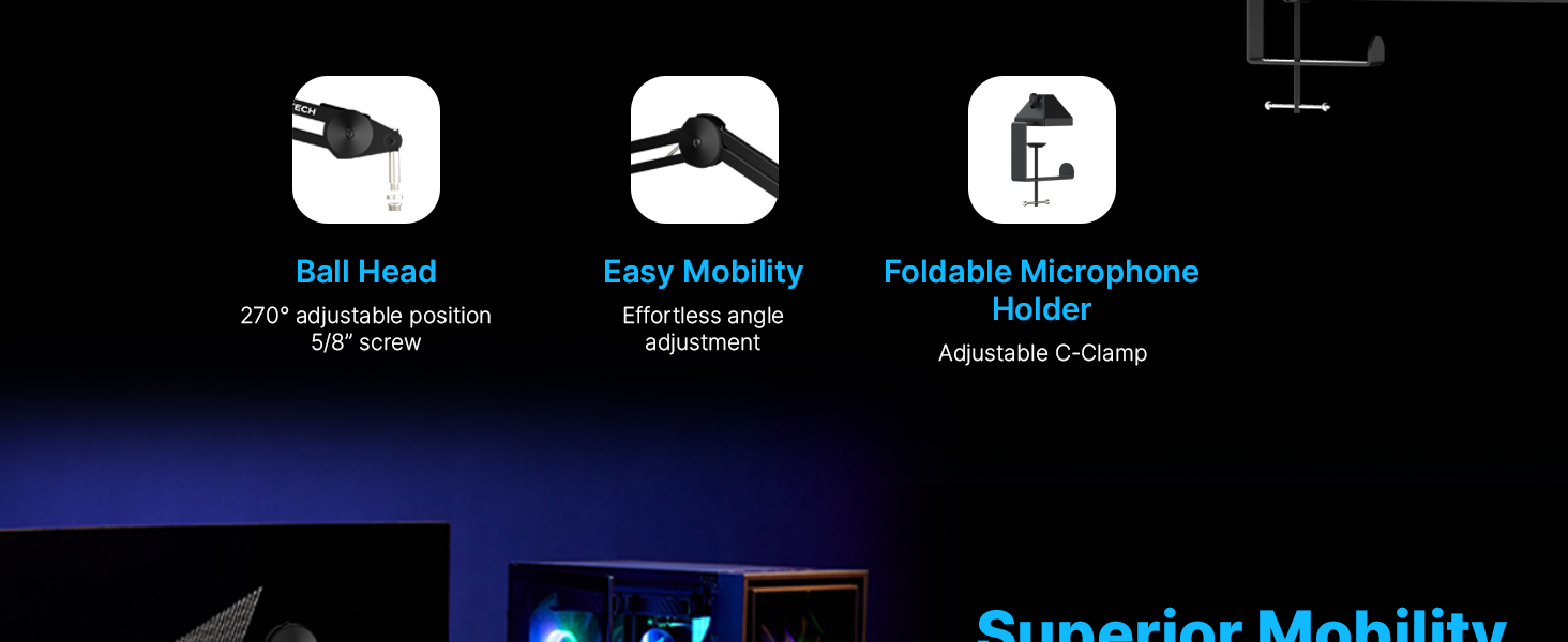 gaming mic podcast microphone stand arm boom studio pc computer streaming desk low profile cable cam