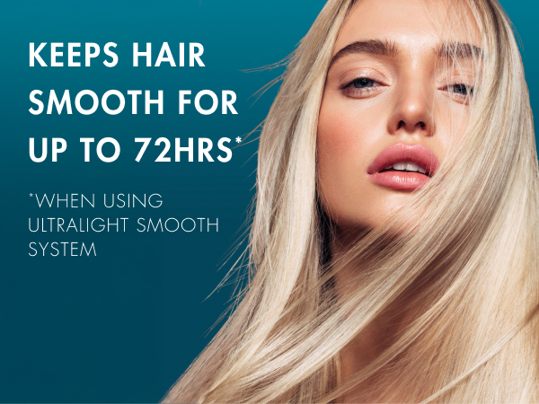 Woman with healthy-looking hair next to text about smooth results for 72 hours.