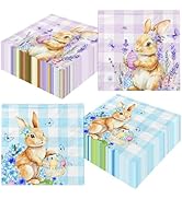 48Pcs Easter Bunny Paper Napkins - Gingham Spring Floral Cute Rabbits Easter Themed Cocktail Napkins