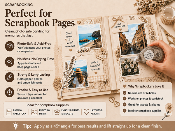 Scrapbook tape, glue tape runner, photo albums, cardstock, die cuts