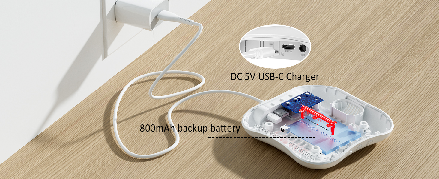 The gateway operates on DC 5V USB-C (cord included) &amp; features a built-in 800mAh backup battery.
