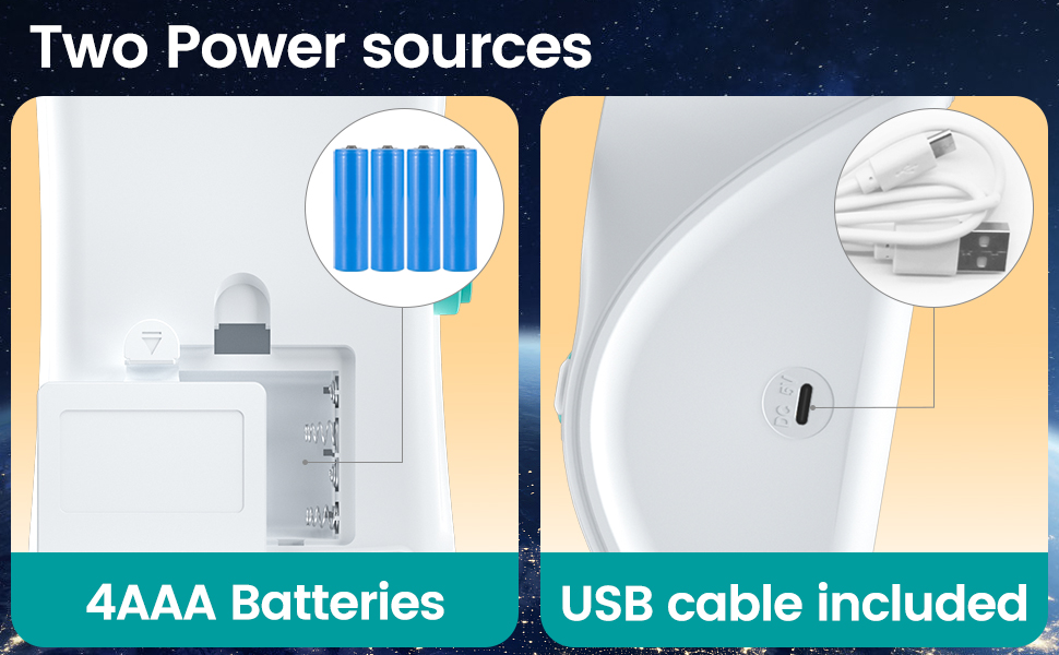 Two power source options for a device: 4AAA batteries and USB cable. Close-up images show battery compartment and USB port.