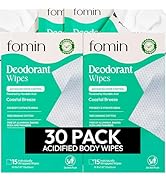 FOMIN Acidified Travel Deodorant Wipes For Women &amp; Men - 30 Count - Coastal Breeze - pH Balanced,...