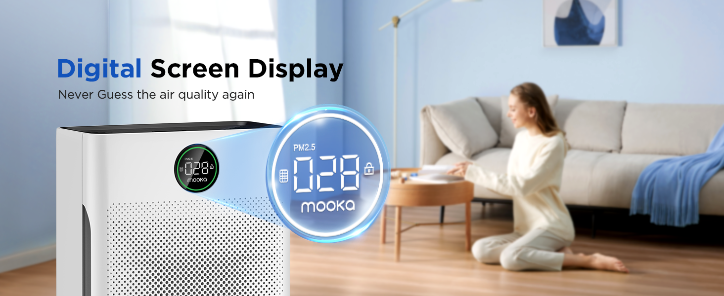 White home air purifier with digital screen display, showing real-time AQI levels