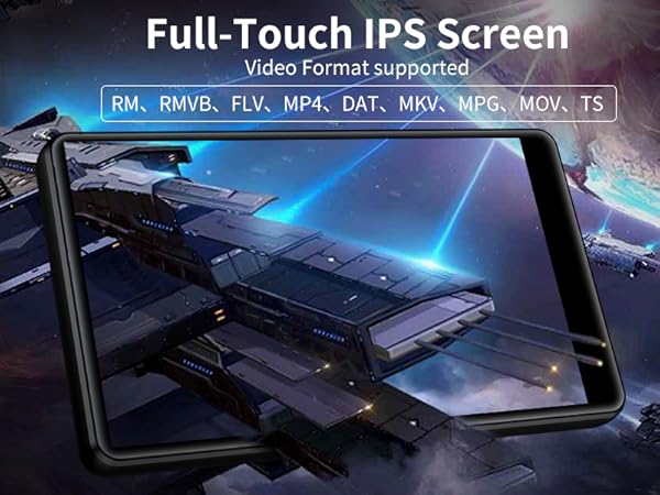 Full-touch IPS screen tablet device with spaceship graphics. Supports multiple video formats including AVI, RMVB, FLV, MP4, DAT, MPG, VOB, and TS.