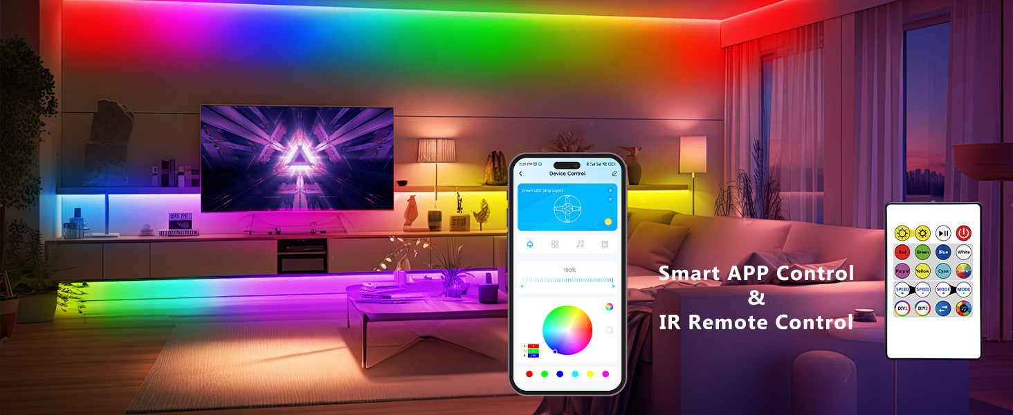 Smart RGB COB LED IC Strip Lights, Addressable High Density Flexible with Remote &amp; App Control