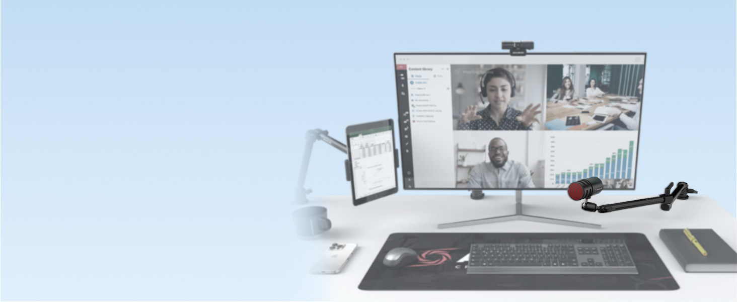 podcast equipment bundle, mic stand, microphone stand, mic arm, gaming setup, gaming desk accessory