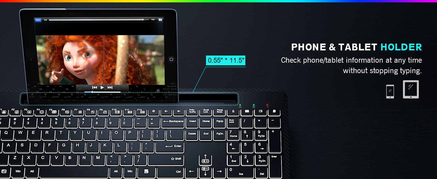 wireless keyboard with convenient phone holder