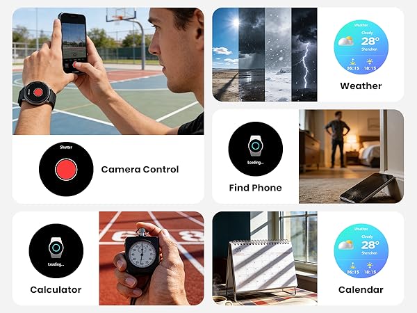 Grid of smartphone app icons and interface elements including Weather, Camera Control, Calculator, Find Phone, and Calendar, with usage demonstrations.