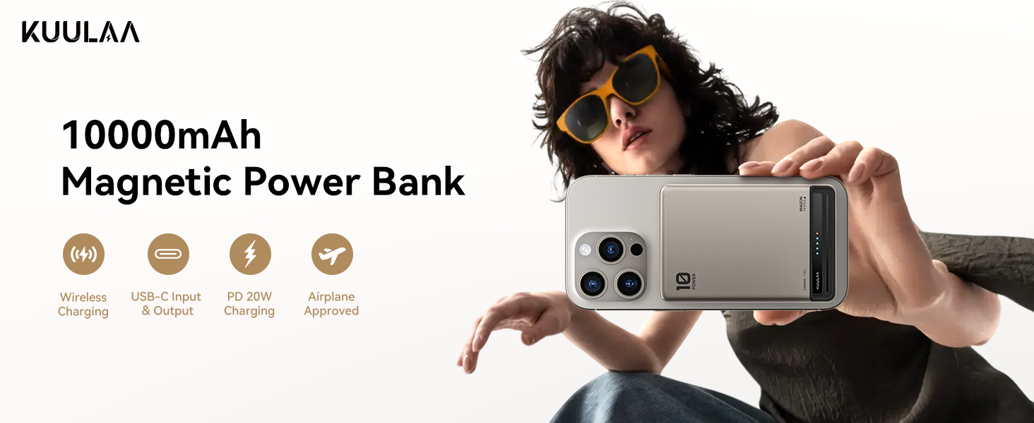 A rectangular magnetic power bank with 10000mAh capacity. Features wireless charging, USB-C output, and 15W fast charging. Shown attached to a smartphone with camera lenses visible.