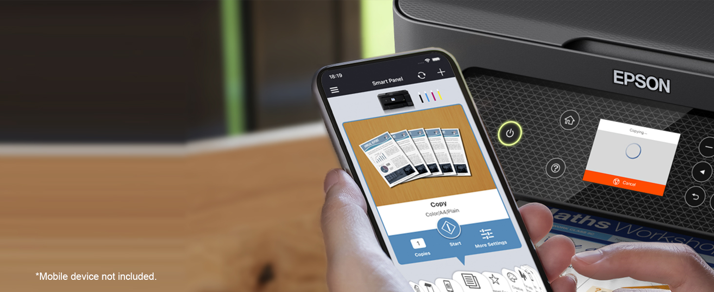 Person printing from their smartphone using Epson Smart Panel app.