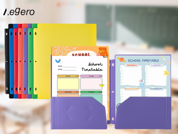 Plastic 2-Pocket Folders for 3-Ring Binders, (6 Pack, Assorted Colors) 3 Hole Punched