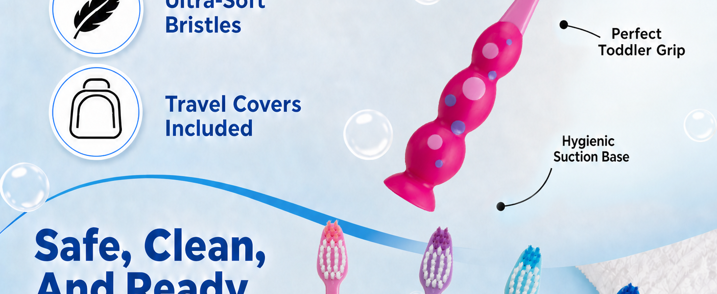 Pink kids&amp;#39; toothbrush with bubbly grip, suction base, ultra-soft bristles, travel cover included
