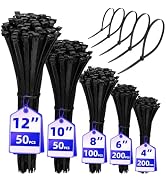 Black Zip Ties Assorted Sizes 4+6+8+10+12-Inch,600PCS Multi-Purpose Self-Locking Nylon Cable Tie,...