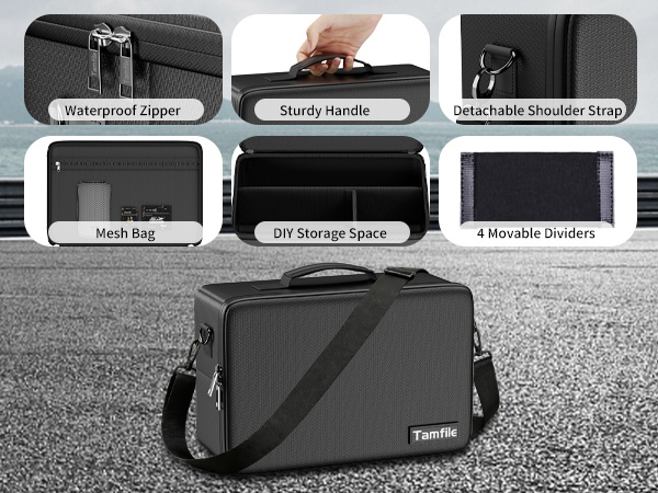 Multiple panels showing various compartments and storage features of a black messenger bag or carrying case, with hands demonstrating access points.
