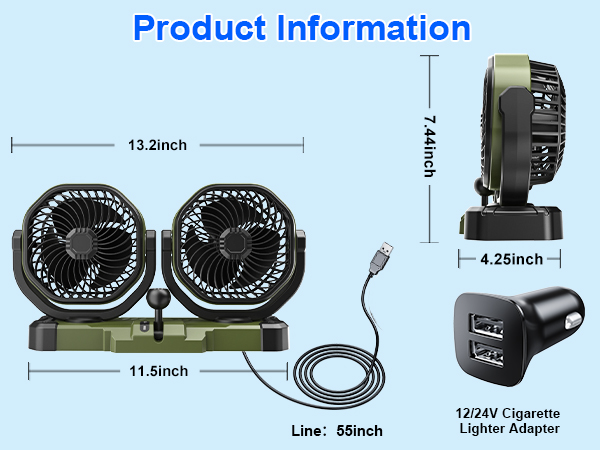 5V USB/12V/24V Dual Head Car Cooling Fan for Dashboard