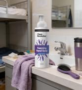 Hand soap on bathroom counter