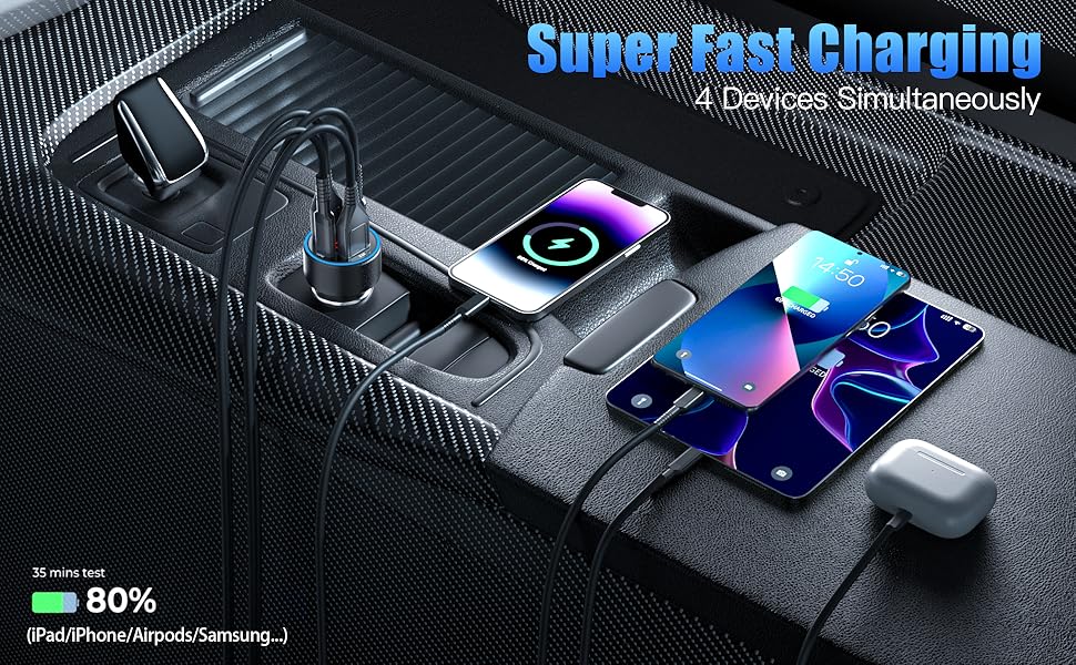 Car charger adapter with multiple USB ports, charging four devices simultaneously including smartphones and a smartwatch. Text indicates 'Super Fast Charging' capability for 4 devices.