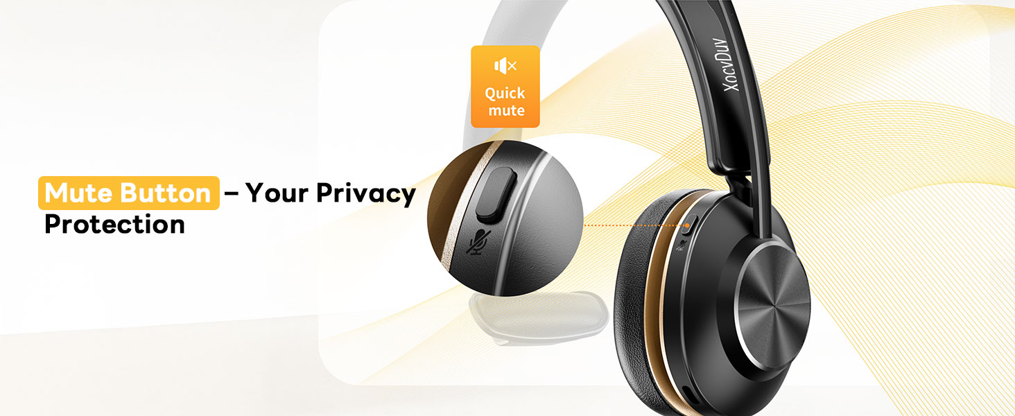 Text reads "Protection – Your Privacy" with headphones image. Marketing graphic showing audio device with protective messaging and privacy emphasis featuring black and gold tones.