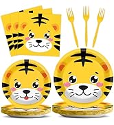 gisgfim 96 PCS Tiger Party Supplies Safari Animals Party Plates Napkins Forks Tiger Party Tablewa...