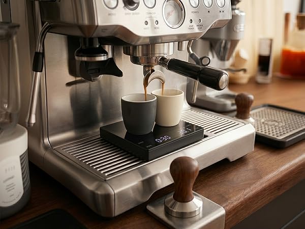 espresso scale with timer for home barista, compact digital scale on espresso machine drip tray