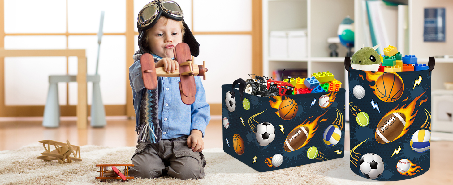 Storage boxes with sports ball pattern shown in use within home setting, displaying organization and storage capabilities.