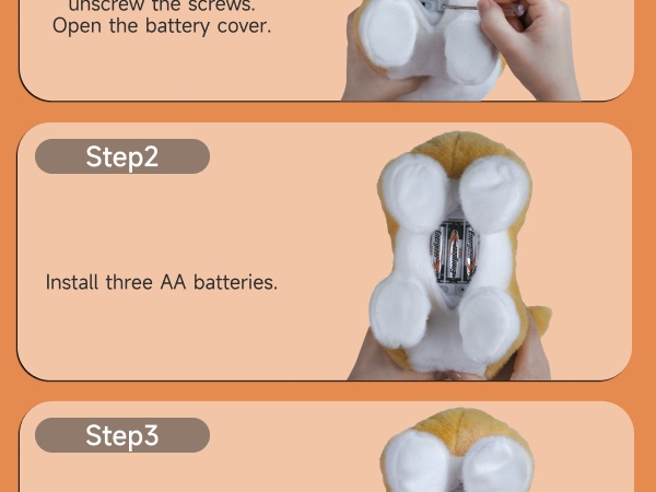 Text reads: 'Step2', 'Open the battery cover.', 'Install three AA batteries.', 'Step3'. Instruction manual showing hands with white gloves performing battery installation steps.
