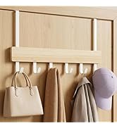 Peasulin Over the Door Hook Rack with 6 Hooks, Wood and White Metal (Natural Wood, 1-3/4" Door 11...