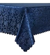 HommxJF Wave Scroll Damask Jacquard Rectangle Deep Sea Blue Tablecloth 60"x84",Wipeable Table Cov...