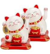 Youeon 2 Pcs Lucky Cat Waving Arm, Small Solar Waving Cat, Cute White Beckoning Cat Welcoming Cat...