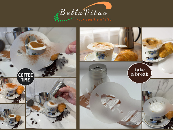 BellaVitas milk frother kit with latte art stencils, cappuccino, croissant, and coffee beans