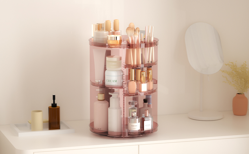 pink rotating makeup organizer for vanity