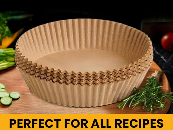 Paper liners for air fryer basket ideal for meats, vegetables, snacks, and reheating.