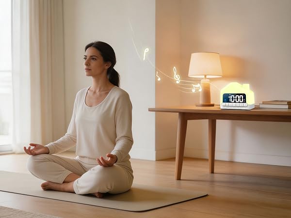 Woman in white long-sleeve top sitting cross-legged on yoga mat in minimalist bedroom with desk lamp and digital clock on wooden nightstand.