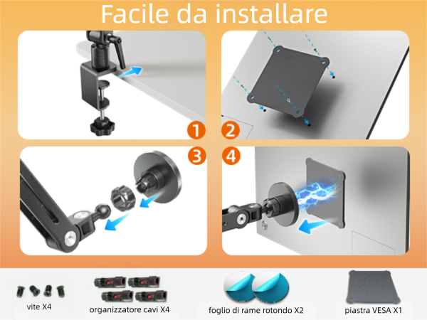 Text reads 'Facile Installation'. Step-by-step installation guide showing mounting hardware assembly process with numbered diagrams on orange background.