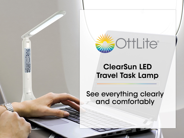 ClearSun LED Travel Task Lamp Rechargeable Lithium Ion Battery USB Digital Clock Brightness Levels