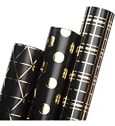 Ribbli Birthday Wrapping Paper Black and Gold Gift Wrap for Father's Day Men Husband Boyfriend Mi...