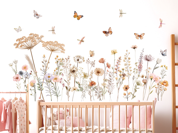 Decorative wall decal or mural featuring delicate floral designs, butterflies, and botanical elements in soft pink and brown tones against a white background.