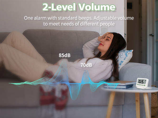One alarm with standard beeps. Adjustable volume to meet needs of different people