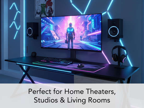Wall-mounted bookshelf speakers used in home theater, studio, and gaming setups.